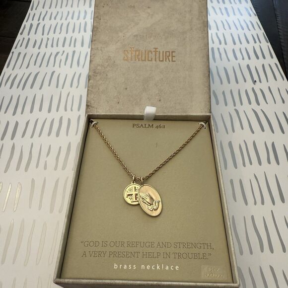 Structure Psalm 46:1 Brass 18 +2 Medal Praying Hands Necklace God Is Our Refuge - Picture 1 of 6